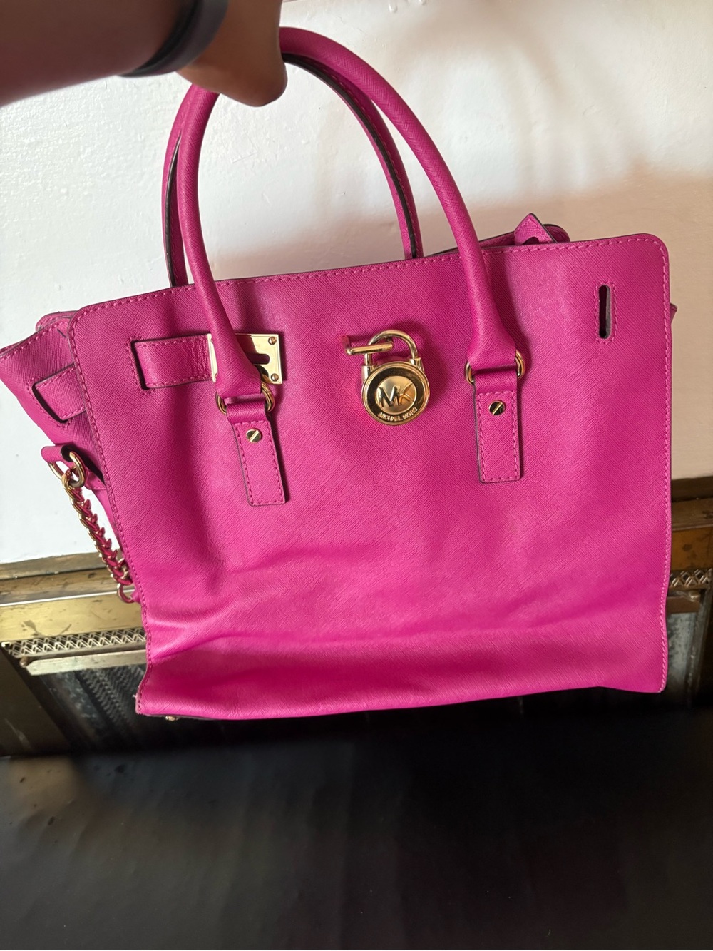 MICHAEL Michael Kors Hot Pink Saffiano Leather Tote with Gold Hardware
